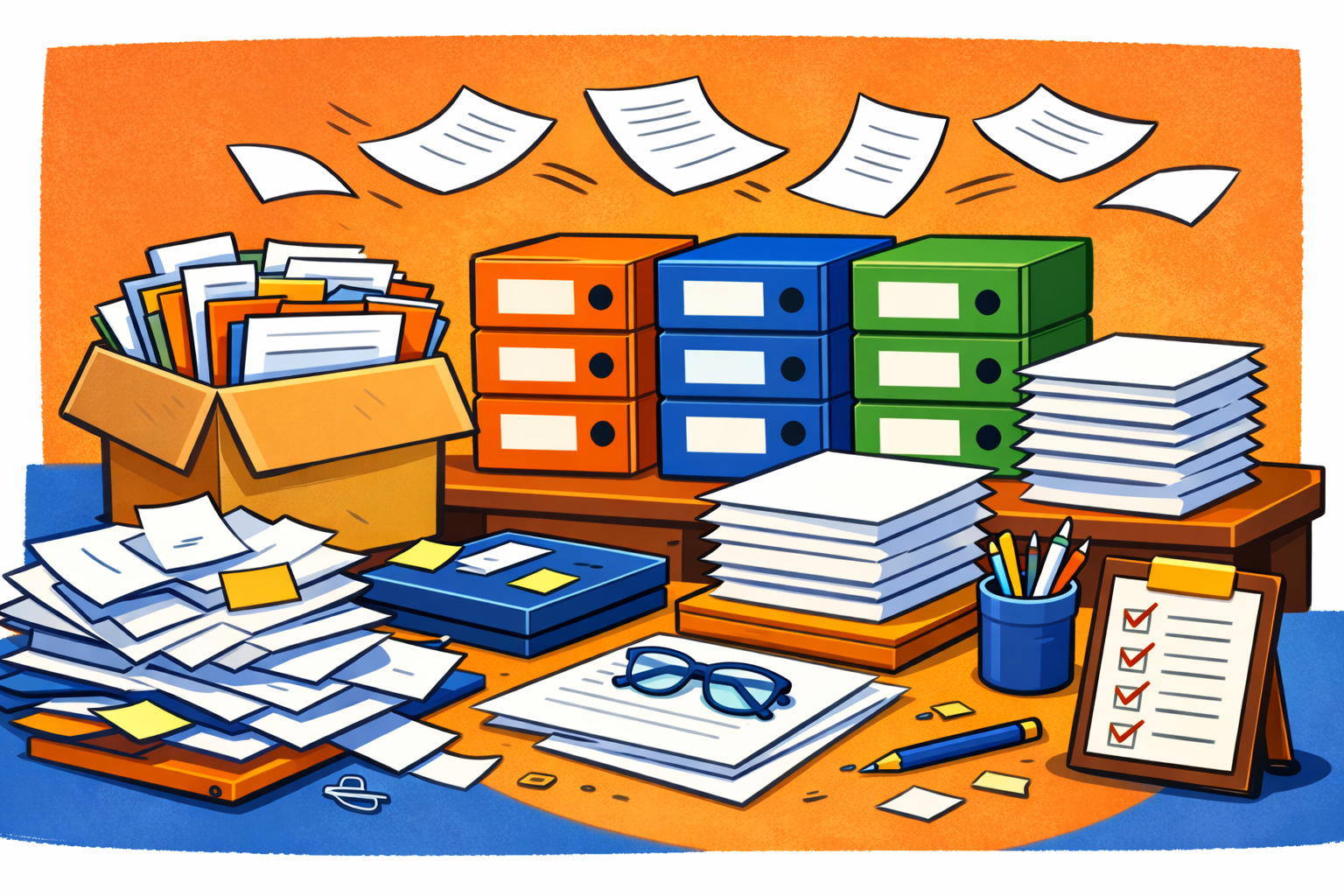 Ilustração mostrando pastas, papéis e documentos organizados sobre uma mesa, representando a separação e preparação dos documentos necessários para o divórcio.